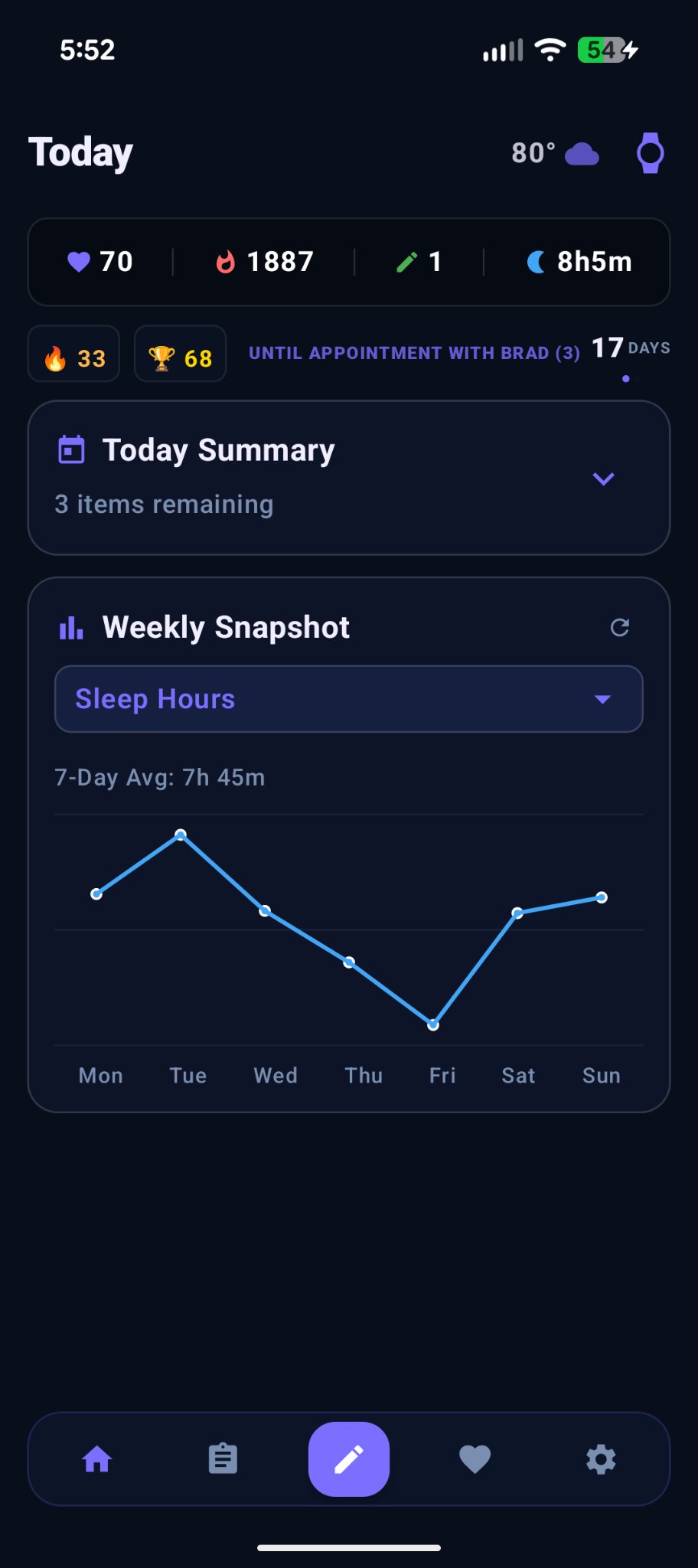 Today screen in the Tabs app — daily summary and weekly sleep trends